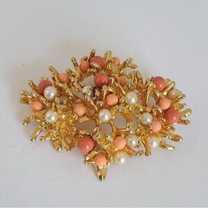 Vintage IVANA TRUMP Gold Pearl Coral Reef Boho Maximalist Statement Brooch Pin